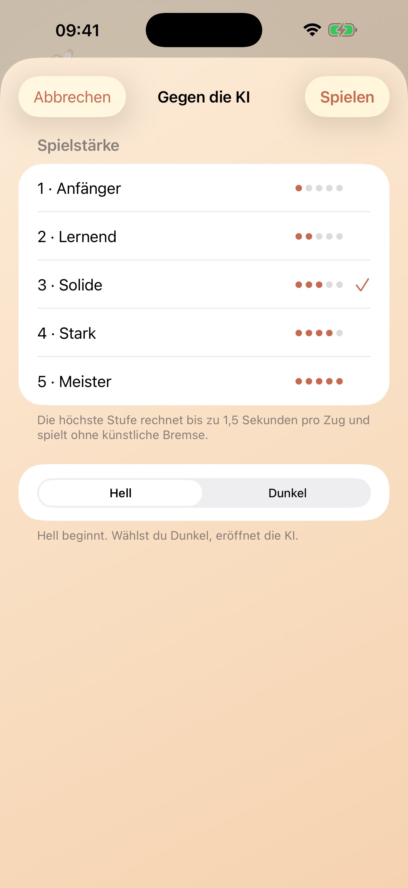 Lingkar Auswahl der Spielstärke von Anfänger bis Meister mit Wahl der Farbe Hell oder Dunkel