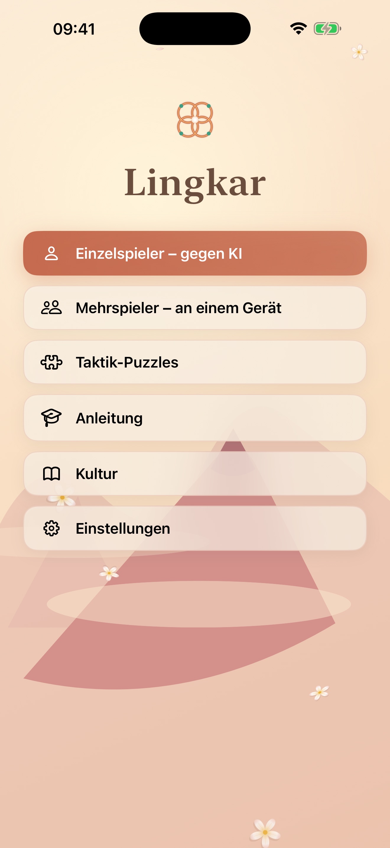 Lingkar Hauptmenü mit Einzelspieler gegen KI, Mehrspieler, Taktik-Puzzles, Anleitung und Kultur