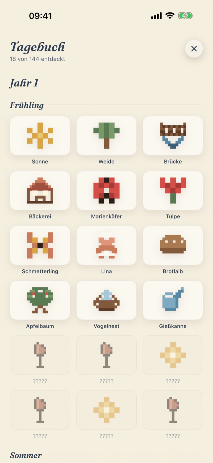 Tagebuch mit entdeckten Pixel-Motiven, nach Jahreszeit sortiert