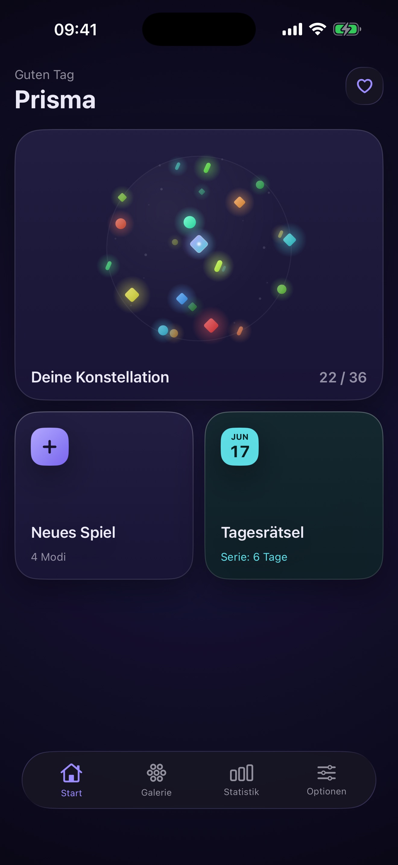 Prisma Startbildschirm mit der eigenen Konstellation aus leuchtenden Artefakten