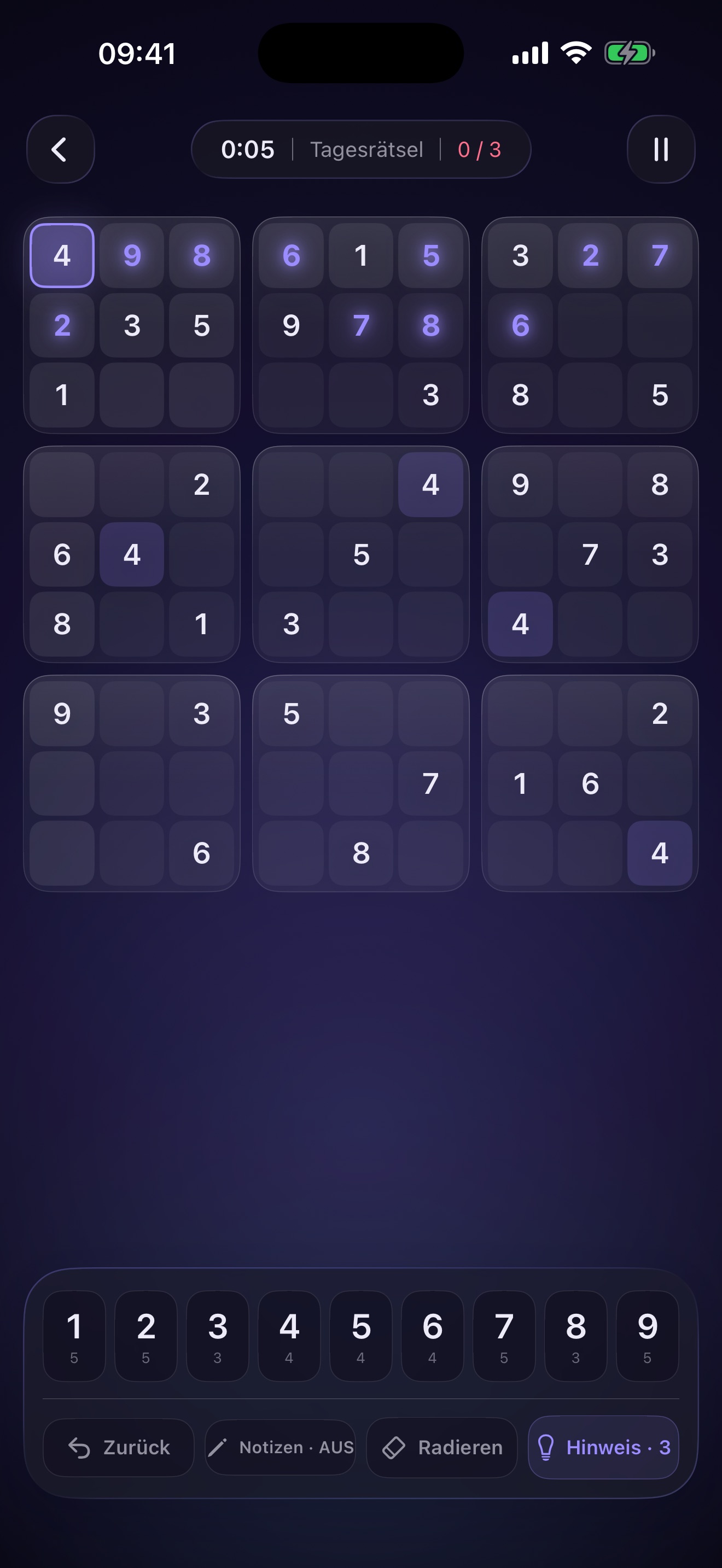 Prisma Sudoku-Raster mit hervorgehobener Zelle und Zahlenreihe am unteren Rand