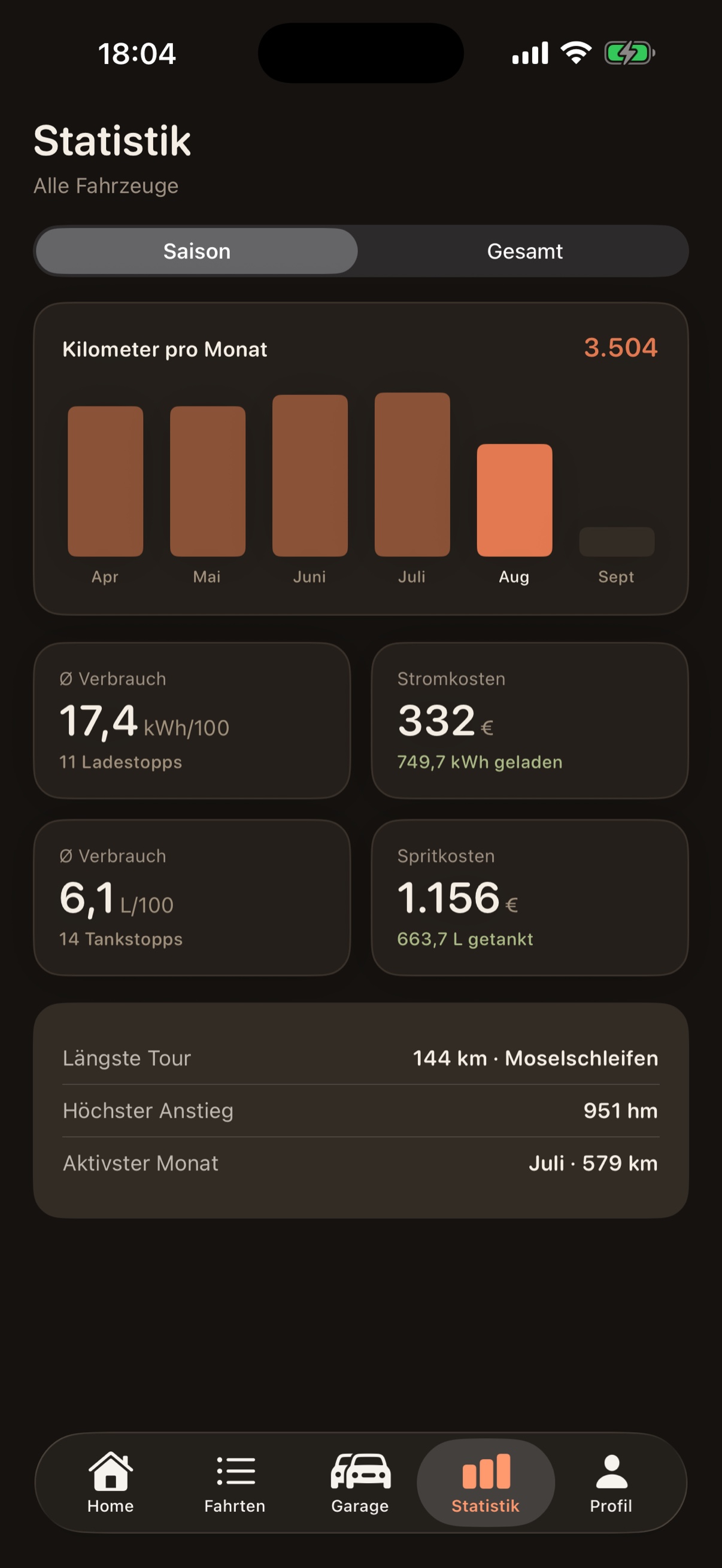 Vialog Statistik mit Balkendiagramm Kilometer pro Monat, getrennten Werten für Stromkosten und Spritkosten sowie Rekorden
